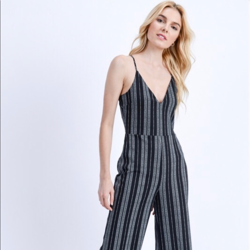 Striped Low Back Sleeveless V Neck Cami Jumpsuit.